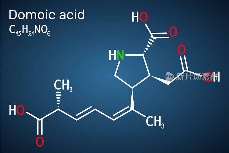软骨藻酸，DA神经毒素分子。它类似于红藻酸，由双原子藻伪藻产生。深蓝色背景上的结构化学式。