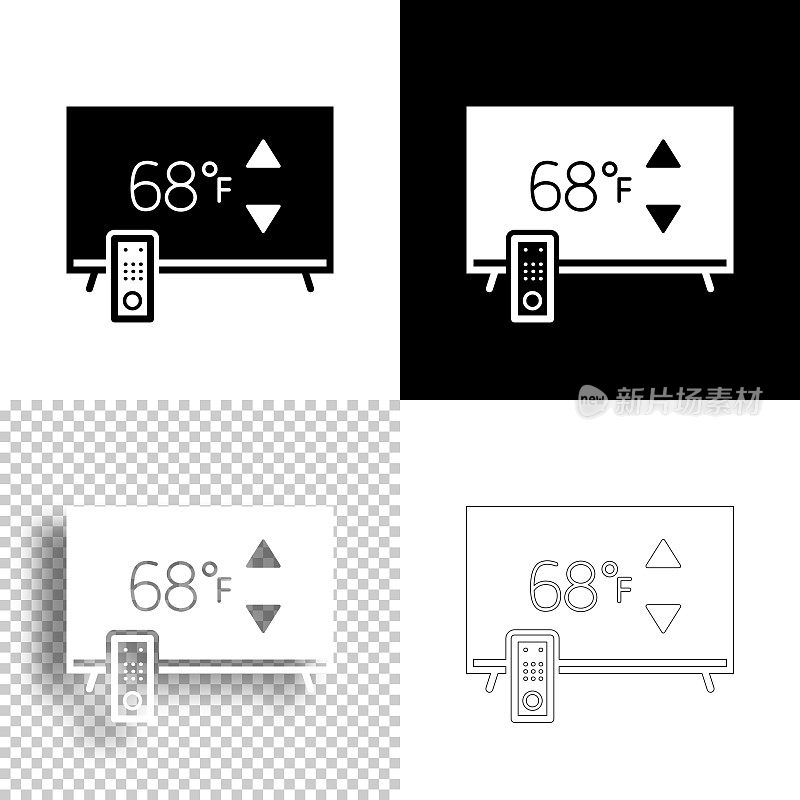 带加热控制的电视。图标设计。空白，白色和黑色背景-线图标