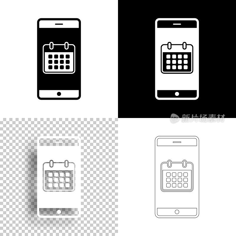 智能手机的日历。图标设计。空白，白色和黑色背景-线图标