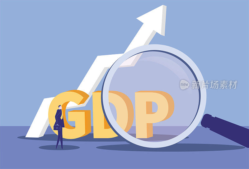 商人用放大镜观察上升的GDP数据