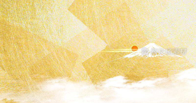 富士山(日出日落云)抽象背景是金色的日本纸