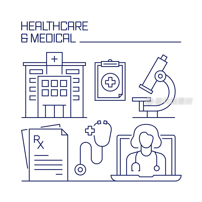 医疗保健和医疗相关设计元素。使用大纲图标的模式设计。