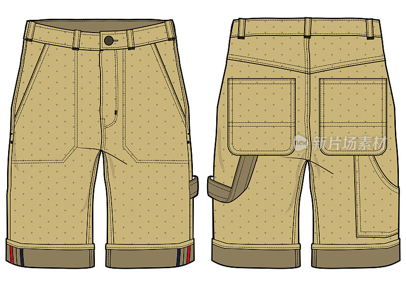 Chino木匠短裤设计平面素描矢量插图，牛仔休闲短裤概念与前面和后面的观点，印刷货物实用百慕大短裤设计插图