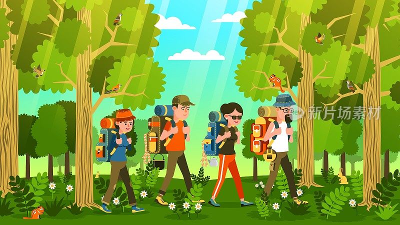 一群背着背包的游客在绿色的森林里