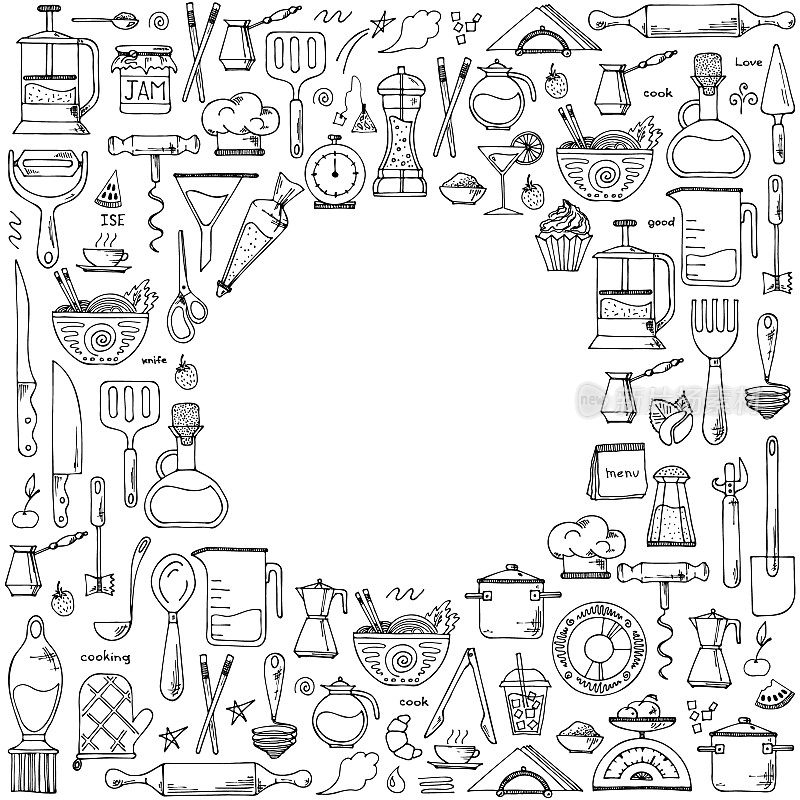 厨房工具的矢量圆背景。手绘涂鸦烹饪设备。插图餐厅菜单，食谱书，和墙纸。
