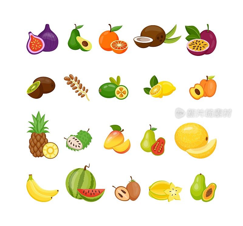 奇异的水果。夏天维生素的食物。热带芒果和菠萝蜜。平的菠萝。孤立的杨桃或香蕉。素食餐。无花果和火龙果。成熟的西瓜。矢量卡通超级食物套装