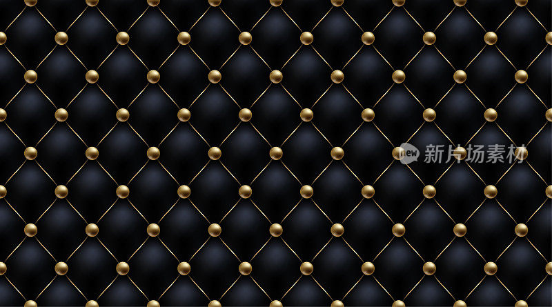 黑色扣豪华皮革图案与黄金珠对角线波。矢量无缝溢价背景钻石形状元素，黄金珍珠球。豪华图案页填充，包装纸