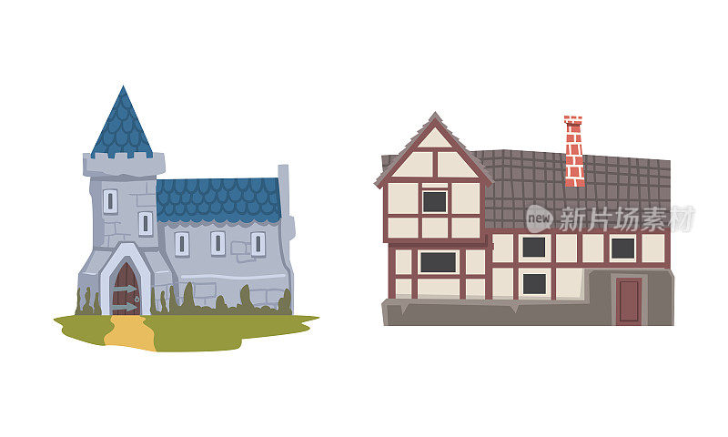 中世纪历史民居与瓦屋顶矢量插图集
