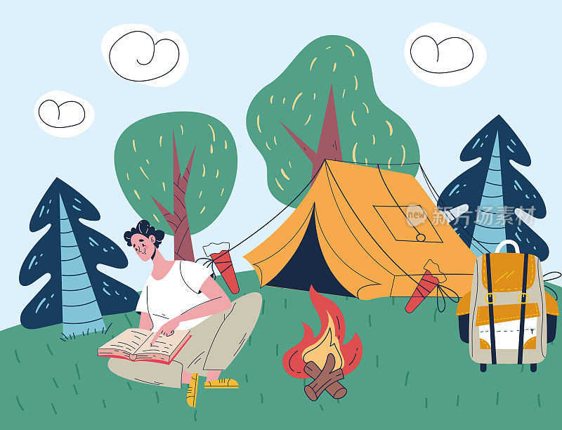 露营营火旅行远足度假概念插图。矢量涂鸦线条风格的设计元素
