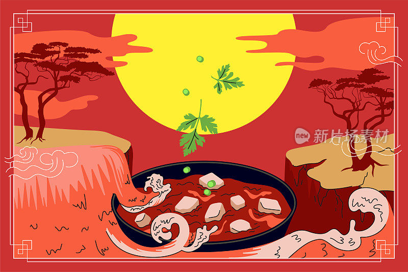 麻婆豆腐是中国烹饪理念的旗帜。中国民族豆腐汤盘盖瀑布波在夕阳峡谷背景。亚洲食品eps海报为东方咖啡馆或餐厅广告