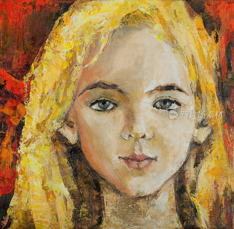 插画油画肖像的一个女孩的脸与金发在一个抽象的背景上的初夏黄色配色方案