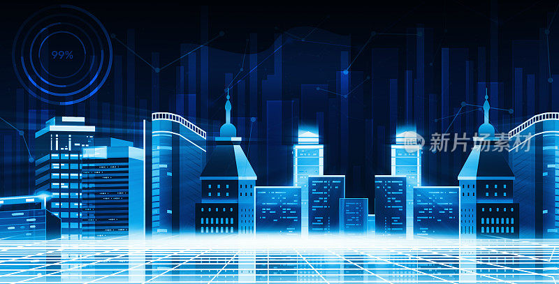 未来科技城市与商业标志发光的背景墙纸。现代蓝色发光城市背景设计