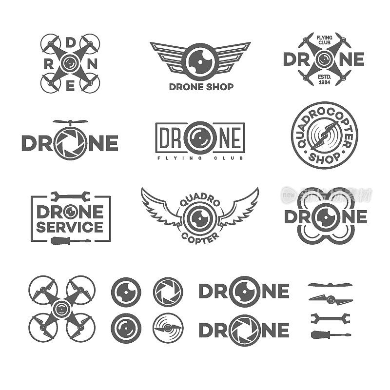 集无人机和四轴飞行器标志孤立在白色背景和无人机元素和设备。集合了无人机飞行俱乐部的标签、徽章和设计元素。矢量图