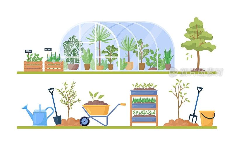 玻璃温室与园艺设备或植物收集，木盒子与草药，手推车，水壶，铲子。植物生长在玻璃温室的花盆里。温室生态农场农业
