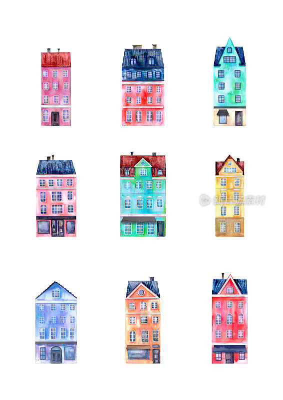手绘水彩拼贴的房子，色彩鲜艳
