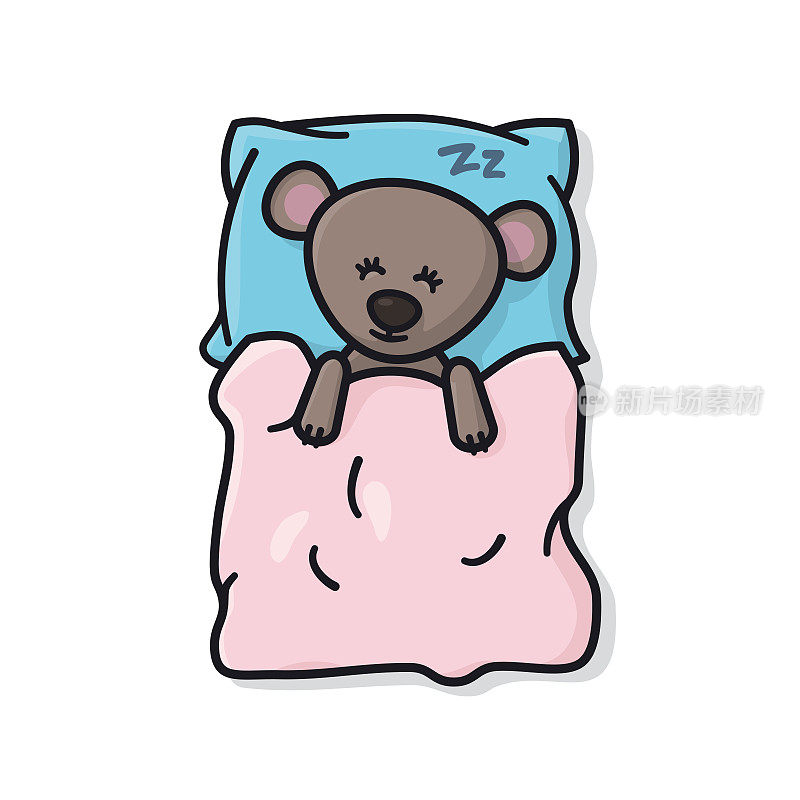 泰迪熊睡在枕头和毯子下孤立矢量插图