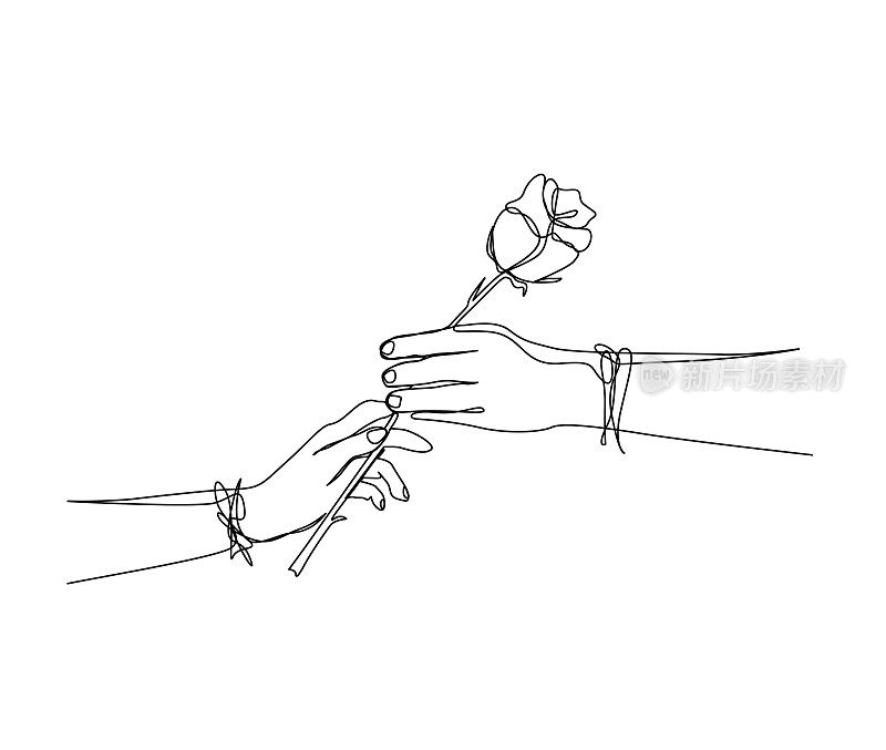 连续画线的手握玫瑰。手赠玫瑰花，手赠玫瑰花，简单线条艺术，笔触活跃。浪漫的概念。