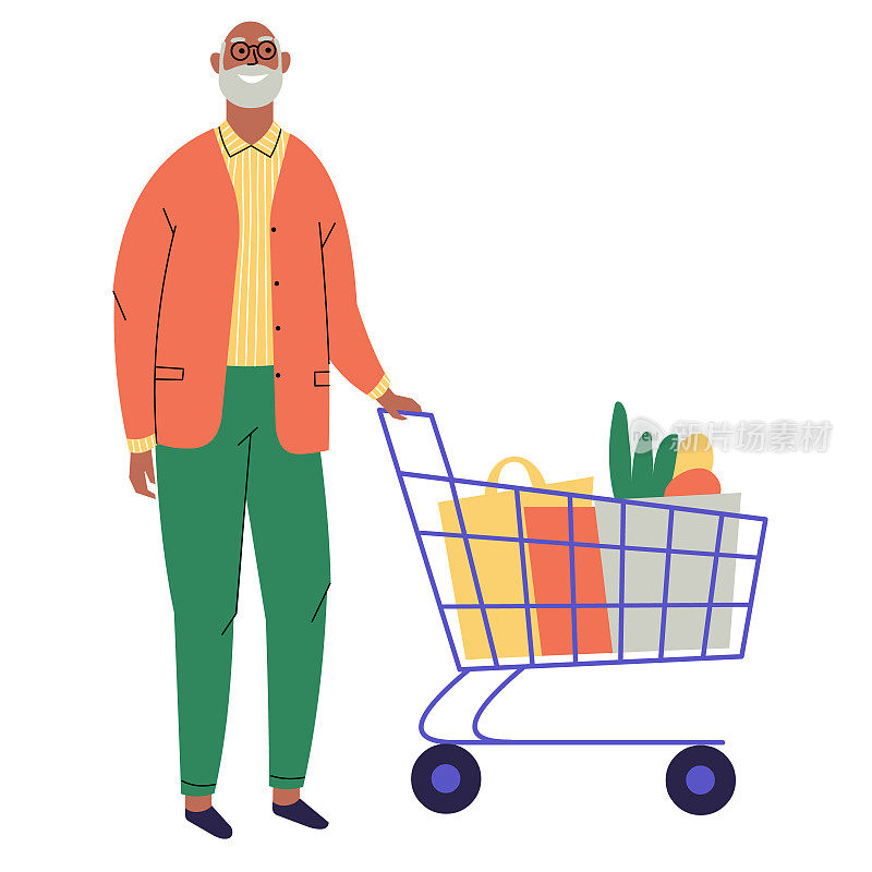 高级男子走在购物车的产品。开朗的黑皮肤爷爷在超市或杂货店购物。购物和促销。平的风格。