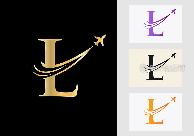 字母L旅行标志概念与飞行的飞机符号