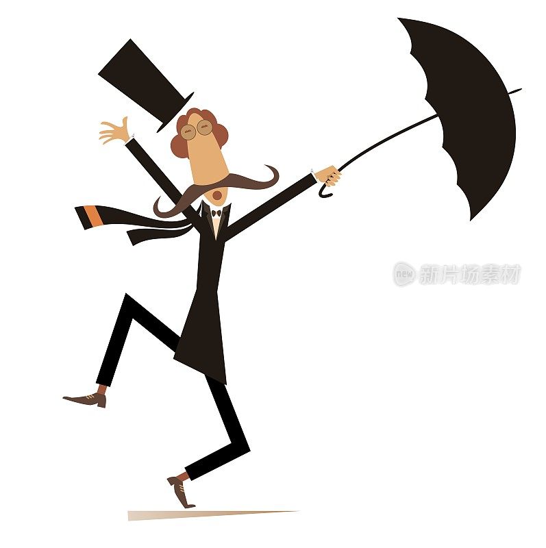 卡通人物，伞与大风天隔离