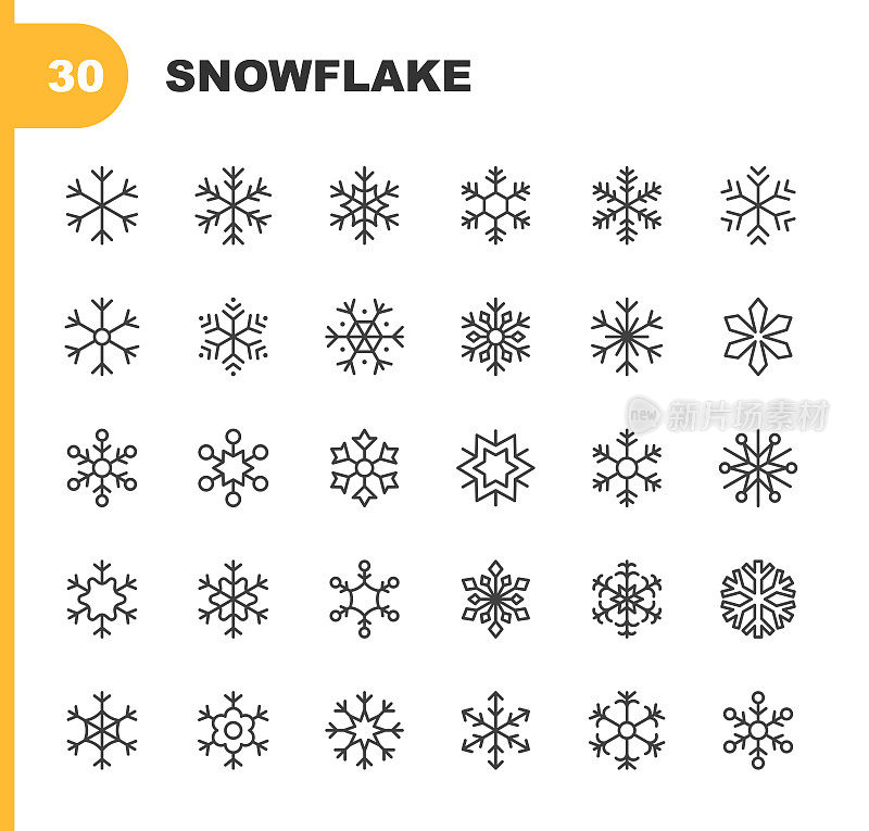 雪花线图标。可编辑的中风。像素完美。移动和网络。包含这样的图标，如雪，雪花，圣诞装饰，圣诞装饰，冬天，低温，冰，天气。