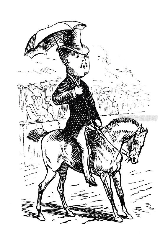 优雅的绅士头戴风帽，手握雨伞，坐在马背上驰骋在赛马场上，神情自豪而自信