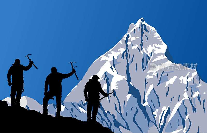 Machapuchare或Machhapuchhare山的矢量插图和三个手持冰斧的登山者的黑色剪影