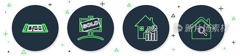 设置线挂的标志与出售，上涨的住房成本，房子计划和搜索房子图标。向量