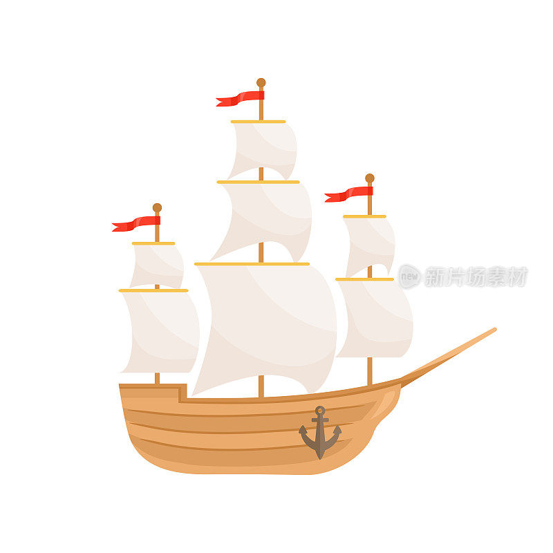 帆船孤立在白色上。矢量旧木帆船。卡通平面插图。