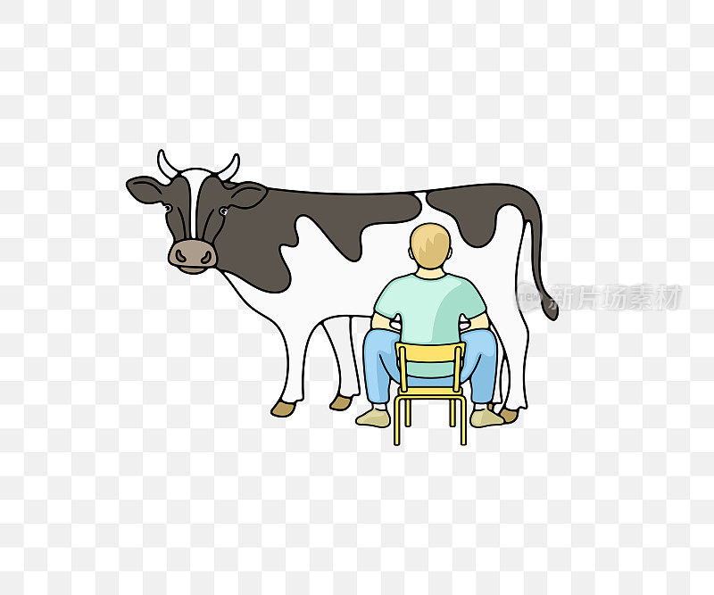 男农民挤牛奶，农业和农场，彩色平面设计。谷仓，牲畜饲养场，牛奶农场和牧场，矢量设计和插图