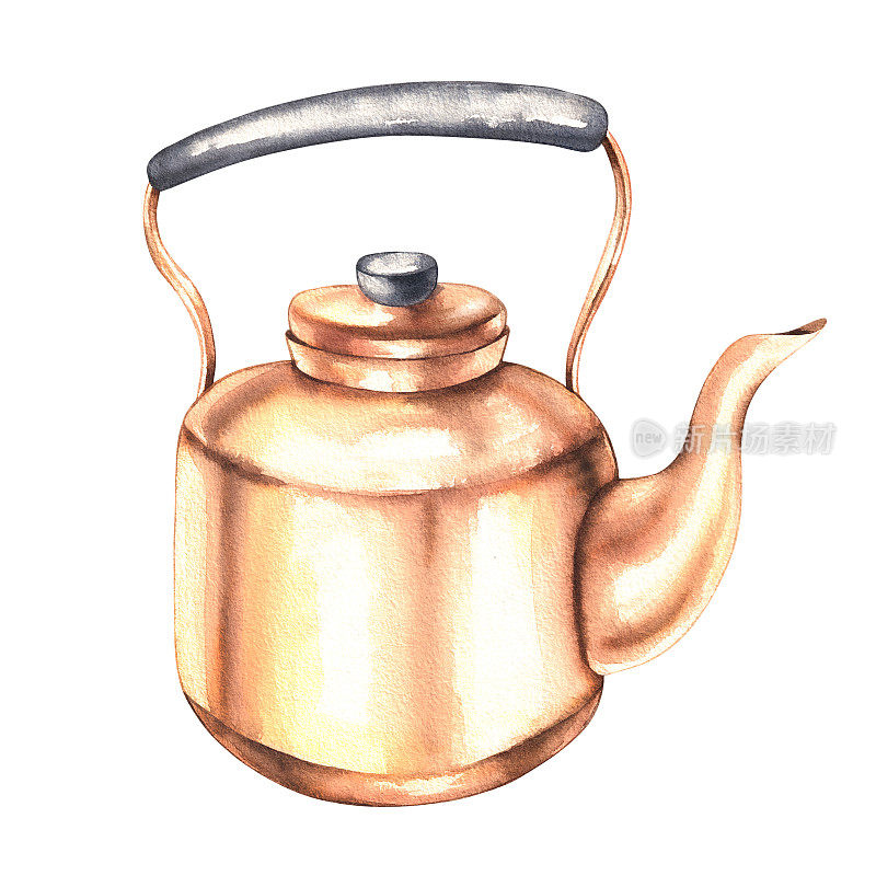 水彩插图的铜茶壶与一个黑色的手柄