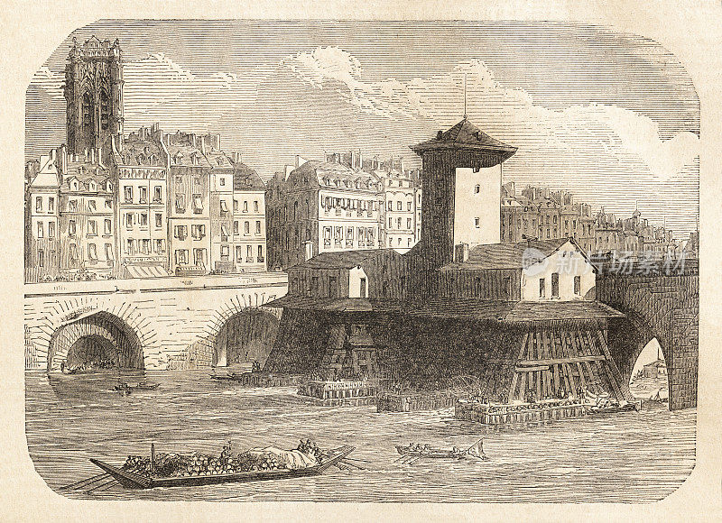 巴黎塞纳河上的圣母院水泵，1858年
