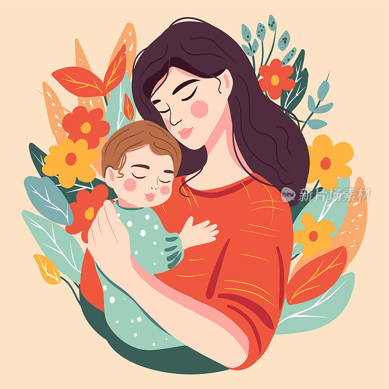 矢量图形妈妈和她蹒跚学步的宝宝，女人拥抱她的宝宝，母亲节，儿童节，假期，卡片，海报，爱，家庭，女儿，儿子，平面矢量