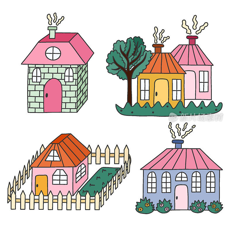 一套可爱的手绘乡村别墅与窗户，烟囱。舒适的村庄小屋有树，栅栏，花为孩子的卧室或托儿所设计。家的外观，乡村建筑，乡村的家