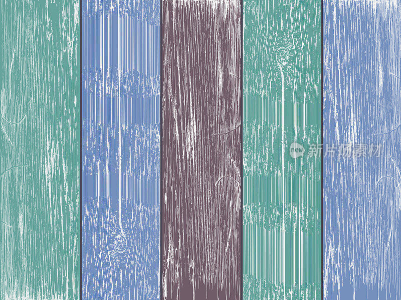木质纹理，彩色彩绘的木栅栏或墙，垂直的五块不同颜色的板在一个坚实的图案。天然木质纹理为您的网站设计，应用程序，UI。EPS10。