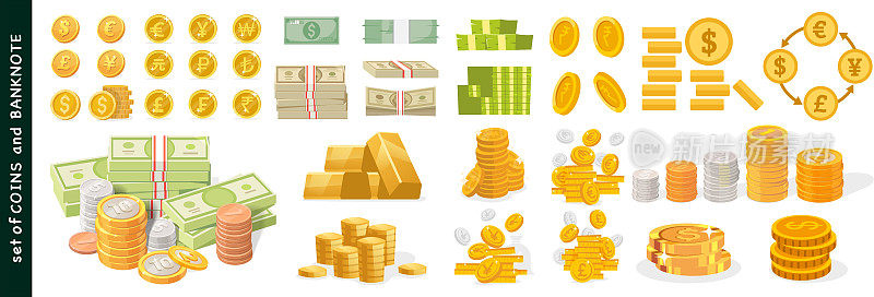 金币和绿色美元钞票，3D堆平钱现金。美元、欧元、英镑、人民币、卢比。向量集货币栈，用于繁荣商业，投资和购买不同的商品。矢量图