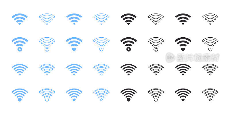 Wi-Fi图标设置。蓝色和黑色Wi-Fi图标。矢量可缩放图形