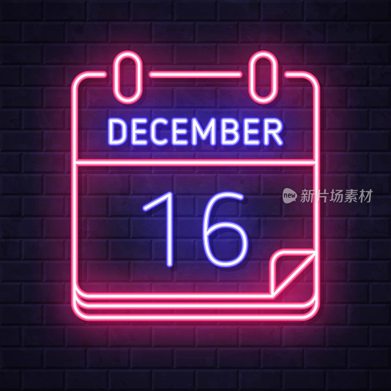 12月16日。在砖墙背景上发光的霓虹灯图标