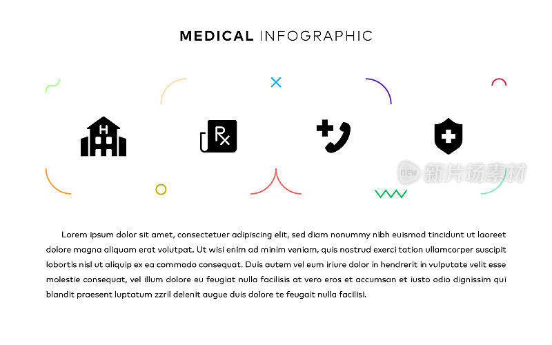 医学概念信息图设计与简单的固体图标。这种信息图表设计适用于网站、演示文稿、杂志和小册子。