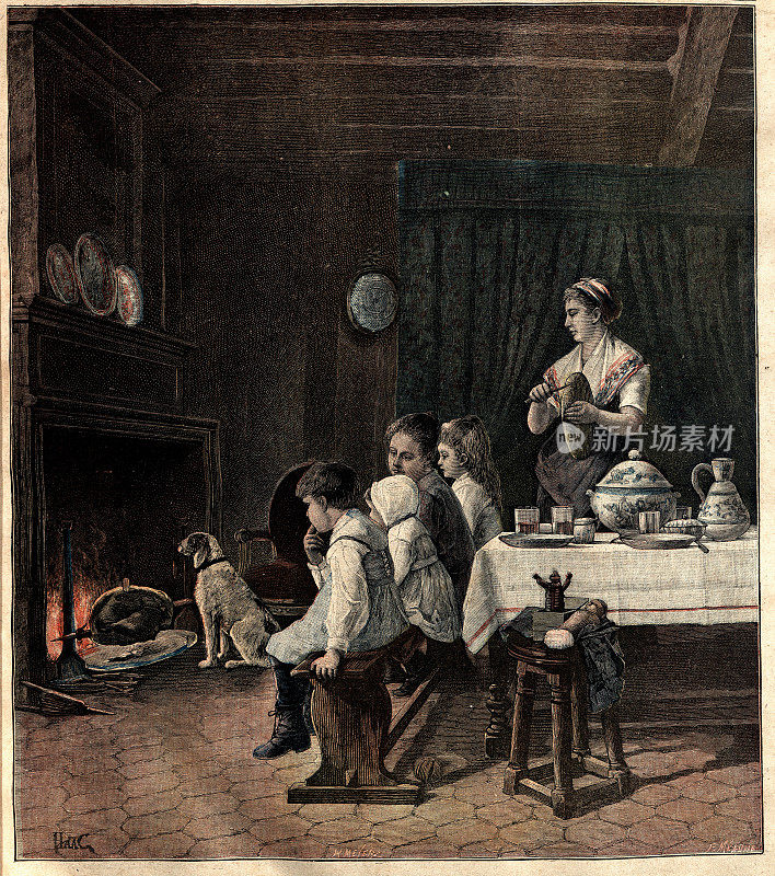 等待，一家人和宠物狗在篝火旁等待火鸡煮熟，出自19世纪90年代卡尔・哈格的画作