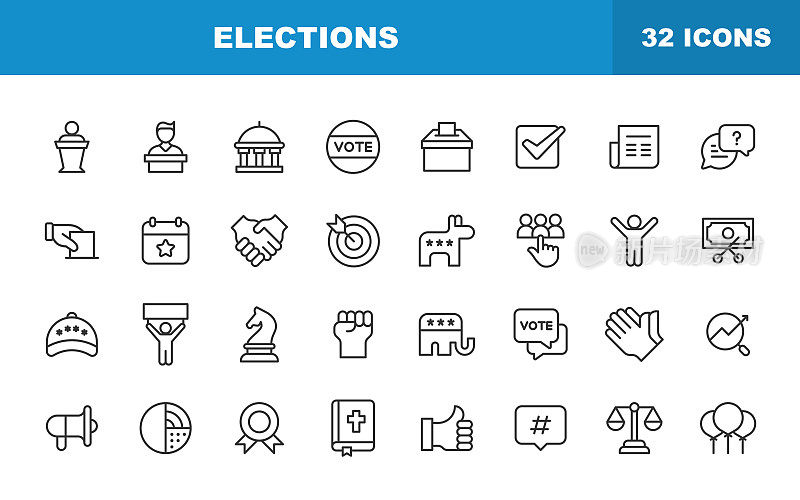 选举线图标。可编辑的中风。包含政治，候选人，政府，公投，投票，投票，政治运动，抗议，捐赠，民意调查，民主党，法律，司法，共和党，评级等图标。