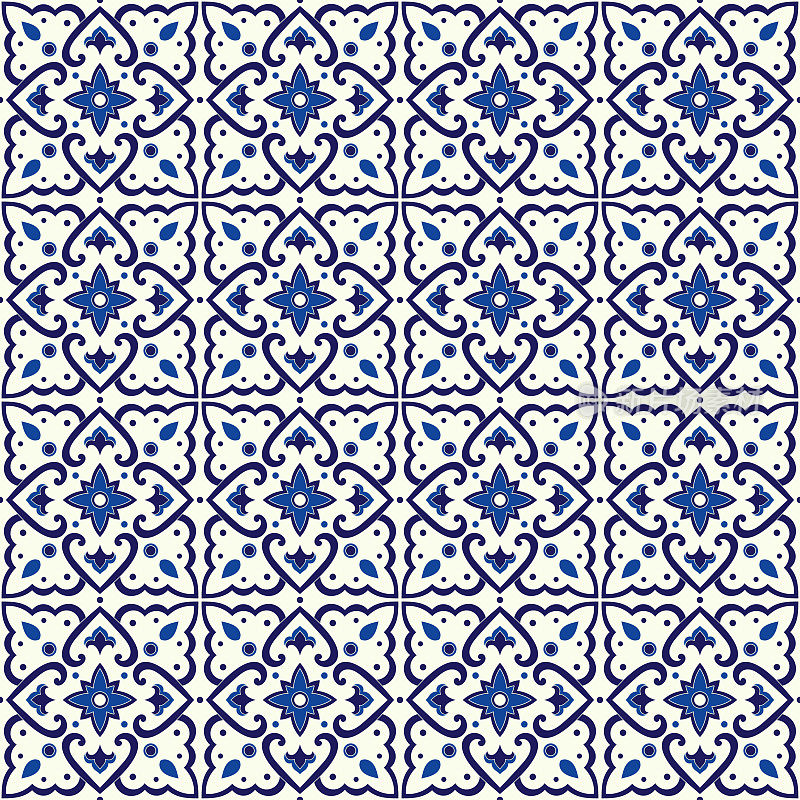 复古瓷砖图案矢量无缝与蓝色和白色的装饰品。荷兰代尔夫特陶瓷图案纹理。珐琅镶嵌背景