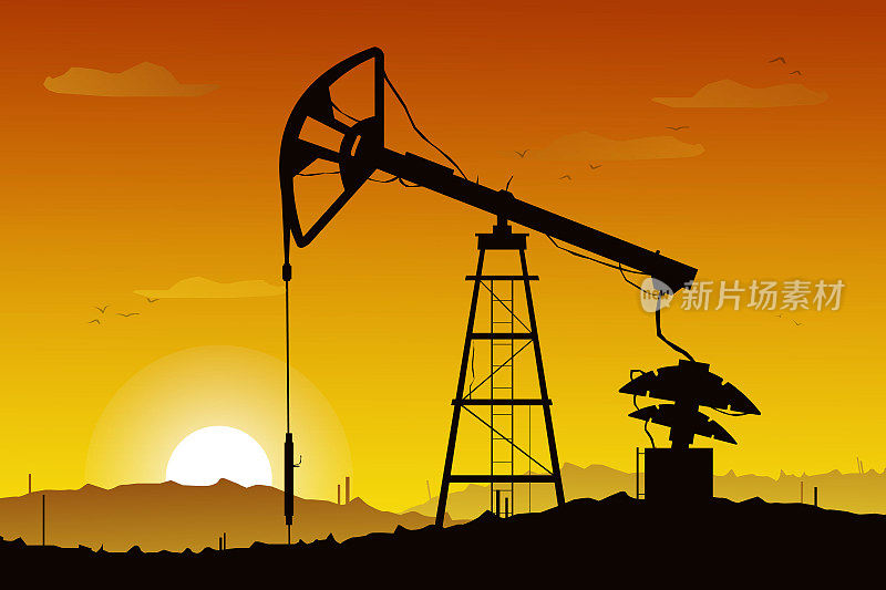 井架钻机示意图。黑色剪影在橙色梯度日落背景。勘探、石化工业。石油的画面。景观和石油钻探驳船。