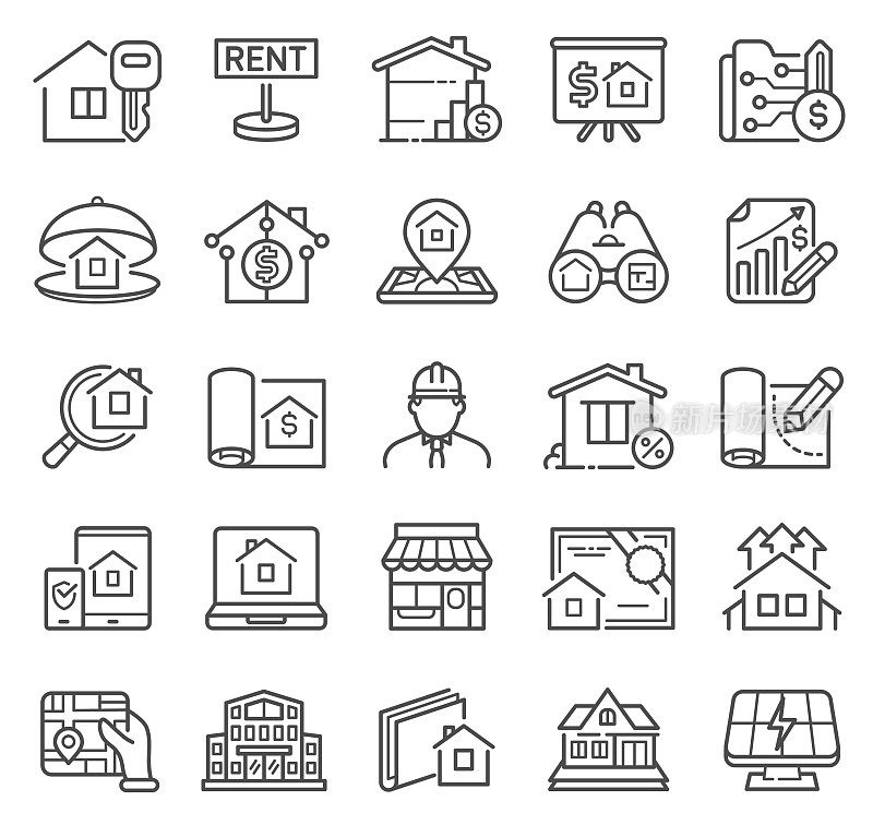 房地产线图标与商业，人工智能，设计和工业标志