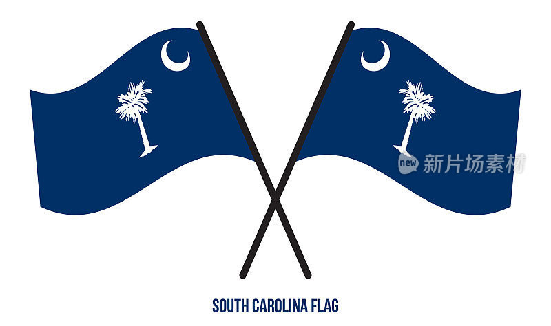 在孤立的白色背景下，两面交叉飘扬的南卡罗来纳州国旗。