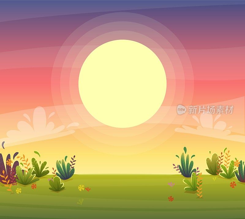 日落公园的背景，自然公园或森林草地和日落天空的太阳紫色和粉红色的云。矢量卡通插图景观