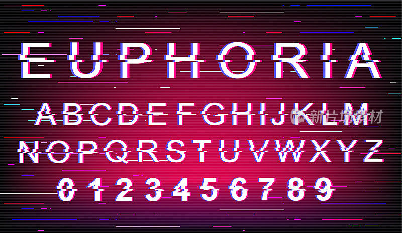 欣快glitch字体模板。复古的未来主义风格矢量字母设置在紫色的背景。大写字母、数字和符号。带有扭曲效果的愉悦感字体设计