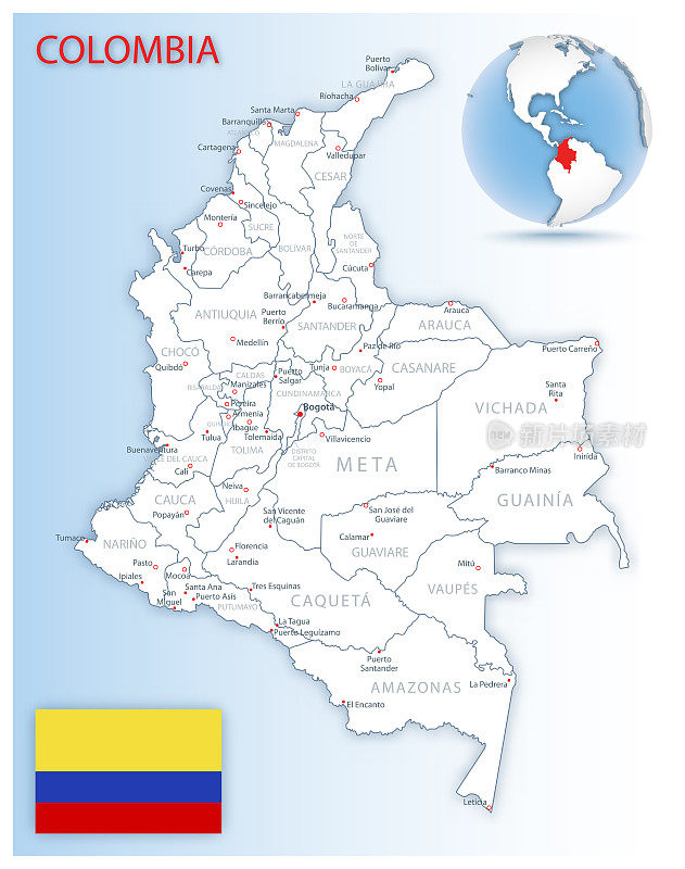 哥伦比亚行政区划的详细地图，带有国旗和全球位置。