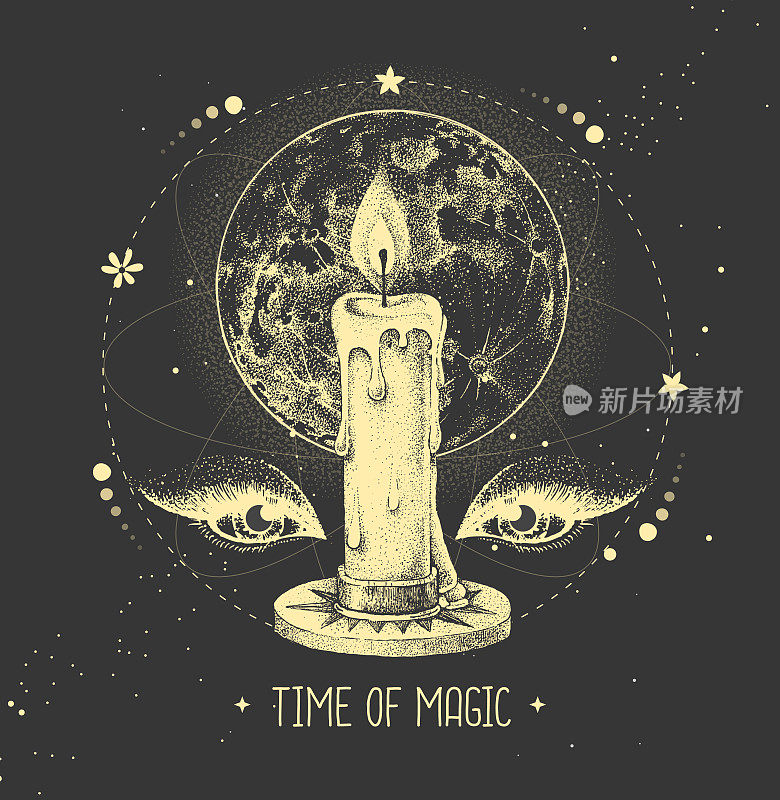 现代魔法巫术塔罗牌与满月和燃烧的蜡烛占星术背景。矢量图