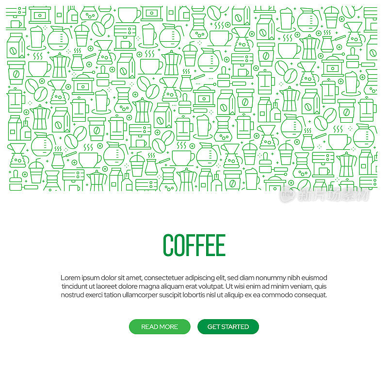 咖啡相关横幅设计与图案。现代线条风格图标矢量插图